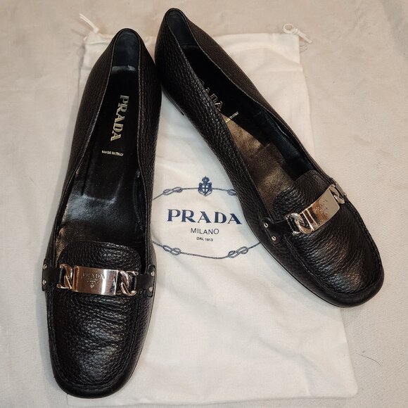 Prada | Black Pebbled Leather Slip On Loafers - Picture 1 of 10
